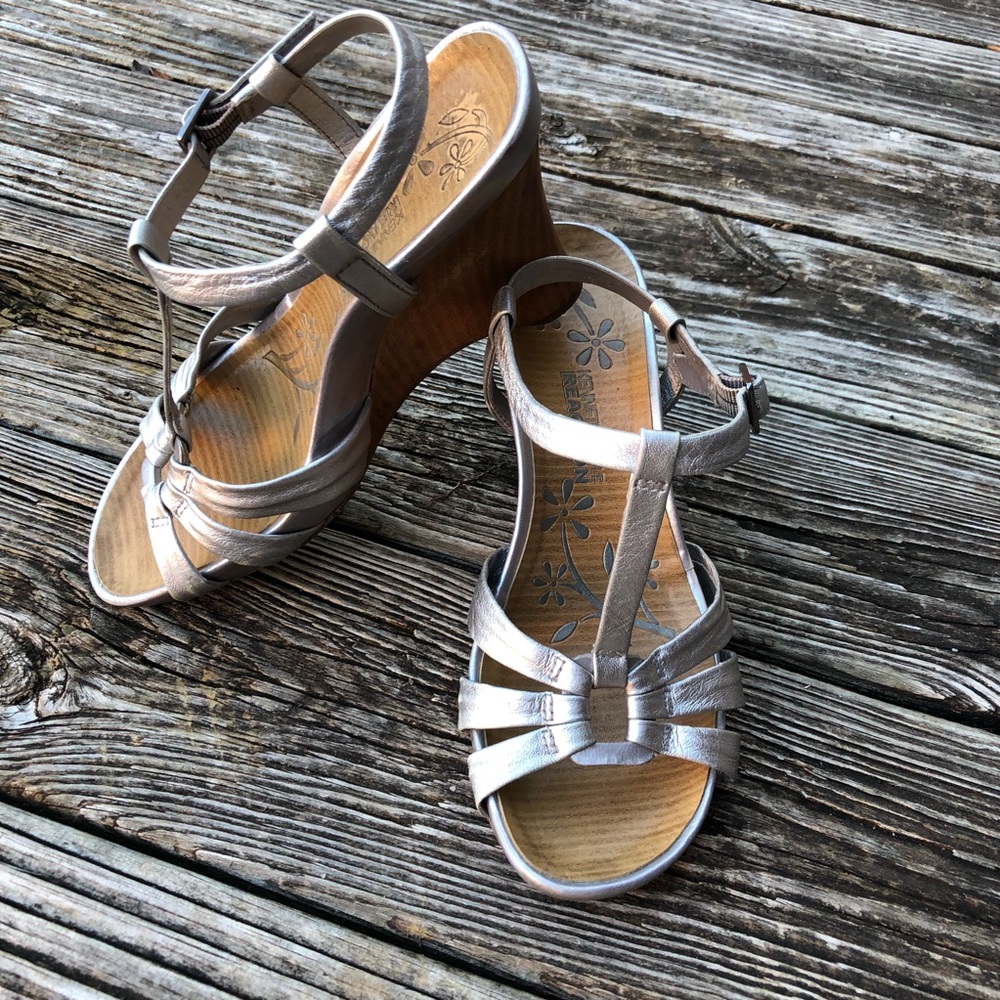Silver wedge sandals with 4” wood heel